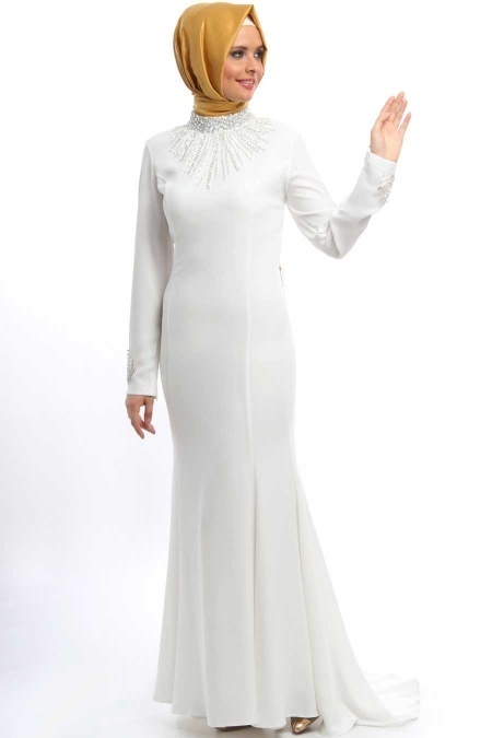 Mahber - Kuyruklu Beyaz Tesettür Elbise 3691B
