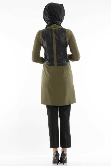 Tuay - Deri Detaylı Haki Tunik - 3