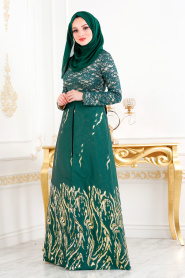 Üzeri Dantelli Yeşil Tesettür Abiye Elbise 82441Y - Thumbnail