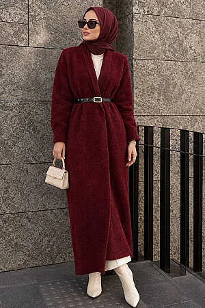Uzun Açık Ön Bordo Sakal Angora Tesettür Triko Hırka 251423BR - N.S NEVA STYLE