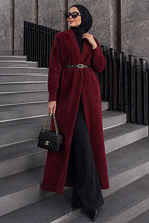 Uzun Açık Ön Bordo Sakal Angora Tesettür Triko Hırka 251423BR - N.S NEVA STYLE
