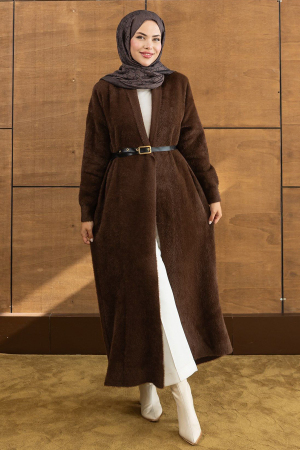 Uzun Açık Ön Kahverengi Sakal Angora Tesettür Triko Hırka 251423KH - N.S NEVA STYLE