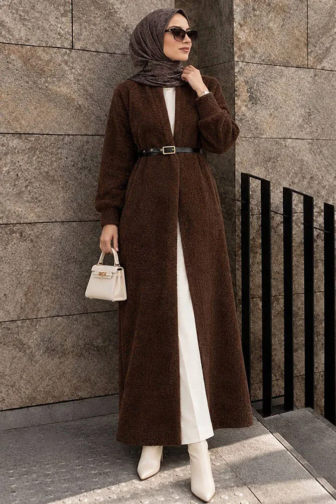Uzun Açık Ön Kahverengi Sakal Angora Tesettür Triko Hırka 251423KH - N.S NEVA STYLE