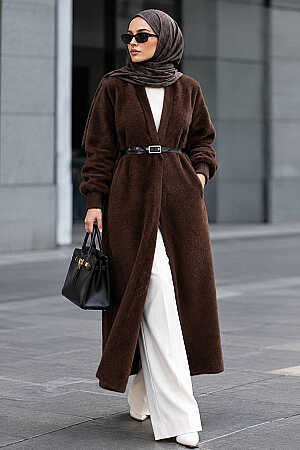 Uzun Açık Ön Kahverengi Sakal Angora Tesettür Triko Hırka 251423KH - N.S NEVA STYLE