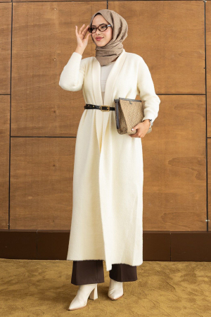 Uzun Açık Ön Krem Sakal Angora Tesettür Triko Hırka 251423KR - N.S NEVA STYLE
