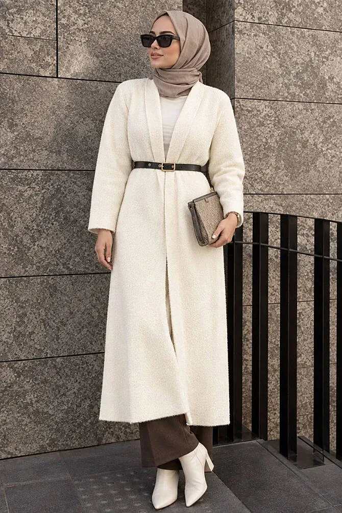 Uzun Açık Ön Krem Sakal Angora Tesettür Triko Hırka 251423KR - N.S NEVA STYLE
