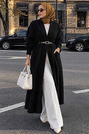 Uzun Açık Ön Siyah Sakal Angora Tesettür Triko Hırka 251423S - N.S NEVA STYLE