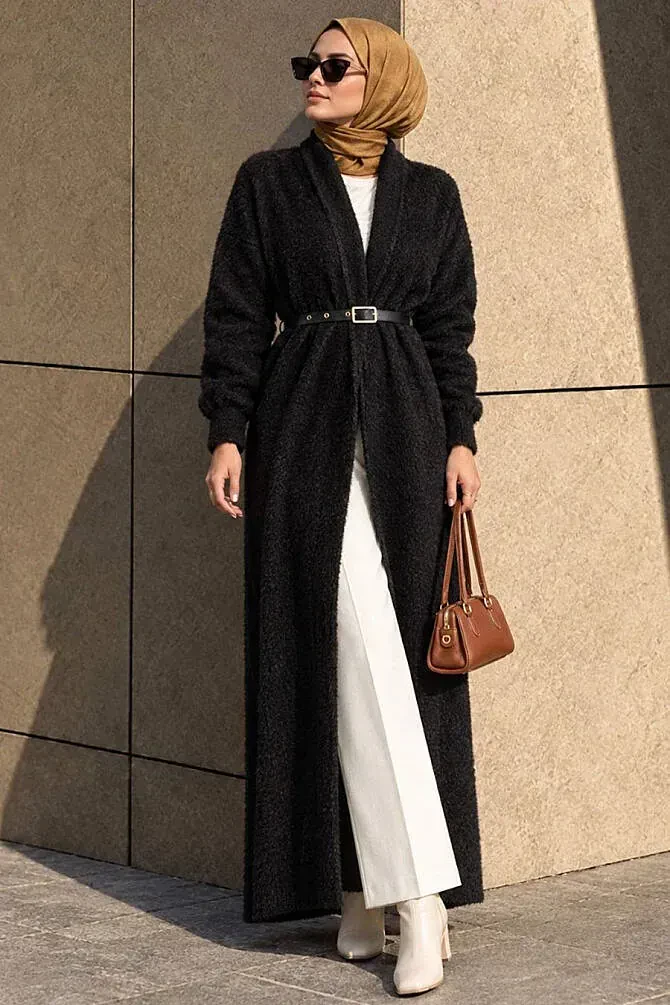 Uzun Açık Ön Siyah Sakal Angora Tesettür Triko Hırka 251423S - N.S NEVA STYLE