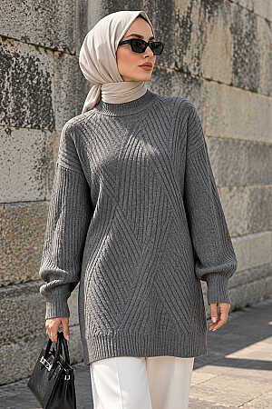 V-Pattern Gray Modest Knit Sweater 60301GR 