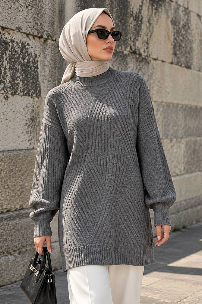 V Desenli Gri Tesettür Triko Kazak 60301GR - 1
