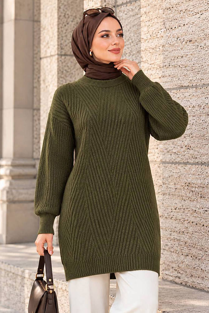 V Desenli Haki Tesettür Triko Kazak 60301HK - 1