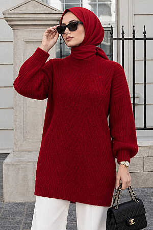 V-Pattern Red Modest Knit Sweater 60301K 
