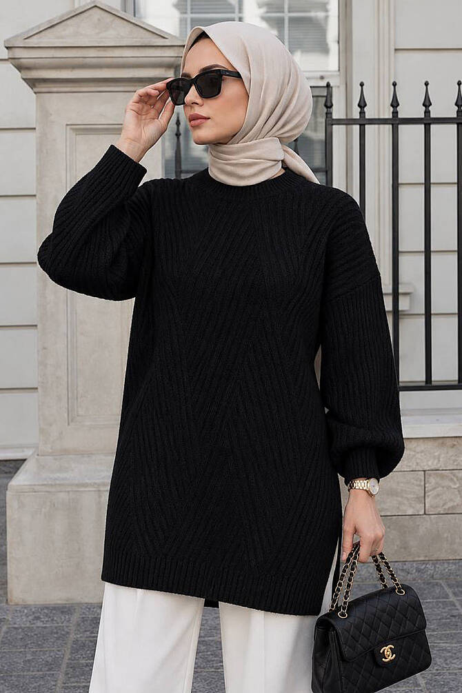 V Desenli Siyah Tesettür Triko Kazak 60301S - 1