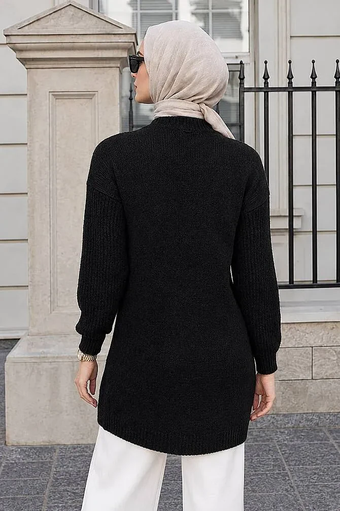 V Desenli Siyah Tesettür Triko Kazak 60301S - 2