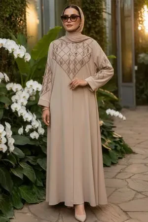 V Embroidery-Detail Belted Beige Modest Abaya 29146BEJ 