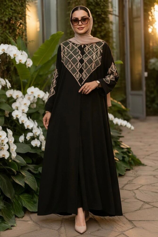 V Embroidery-Detail Belted Black Beige Modest Abaya 29146SBEJ - 1