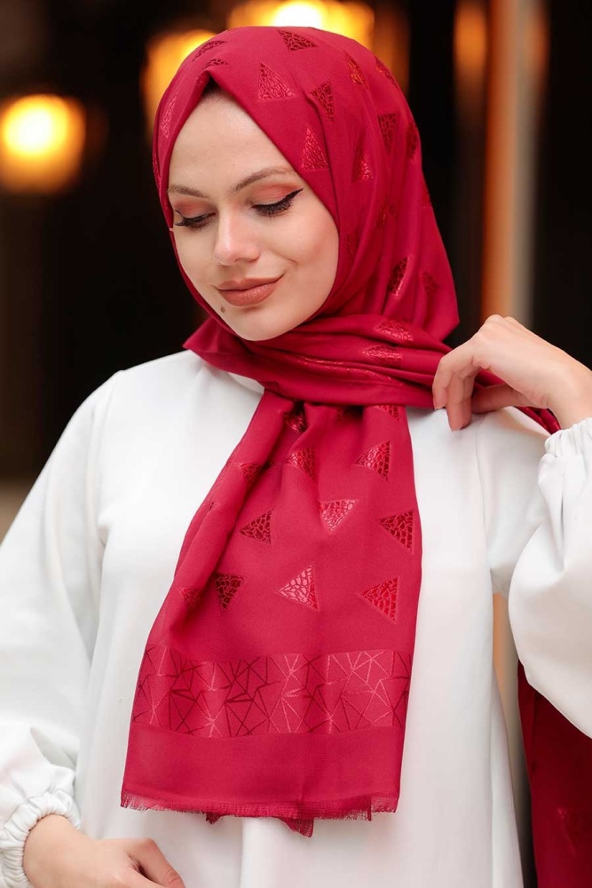 Üçgen Desenli Bordo Tesettür Şal 45910BR - 1