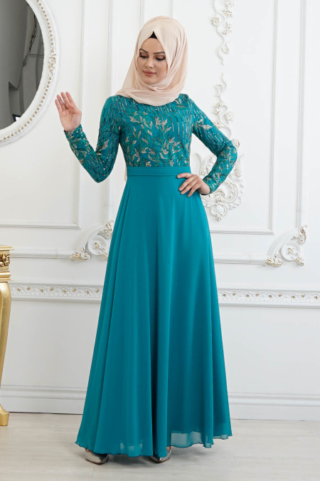 Vert Amande - Tesettürlü Abiye Elbise - Robe de Soirée Hijab 82220CY