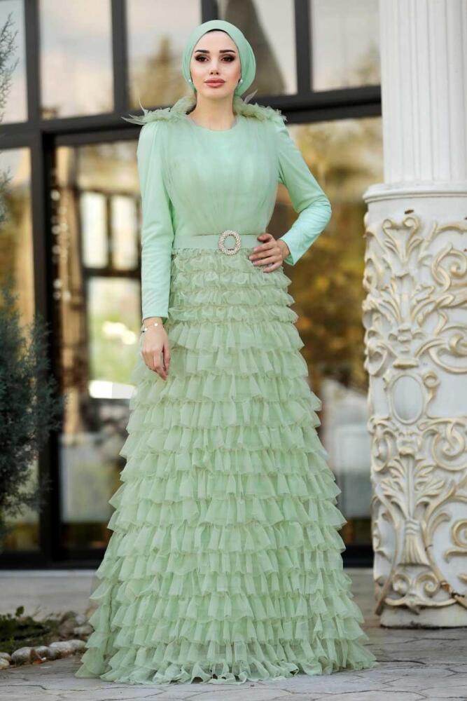 Vert D'arachide -Tesettürlü Abiye Elbise - Robe de Soirée Hijab - 3981FY - 1