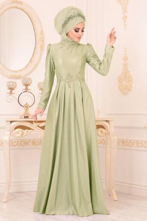 Vert D'arachide- Tesettürlü Abiye Elbise - Robes de Soirée 36550FY - 1