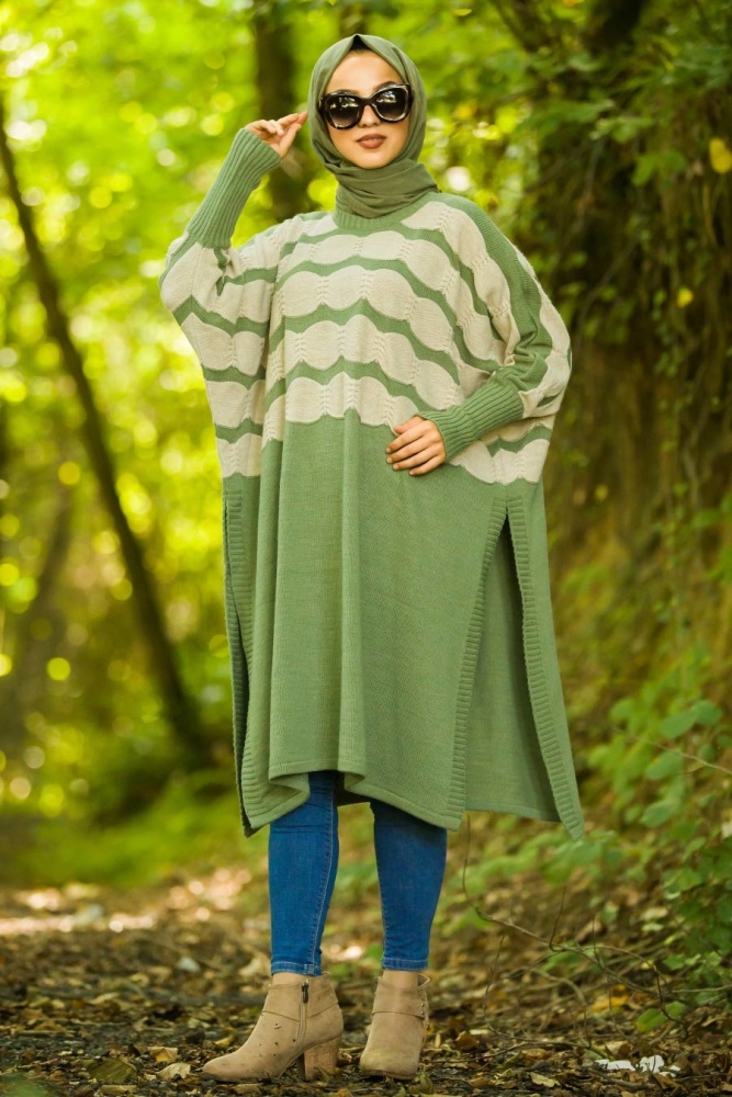 Vert - Neva Style - Poncho en tricot hijab - 15653Y - 1