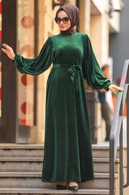 Vert - Neva Style - Robe En Velours Hijab - 3274Y - Thumbnail