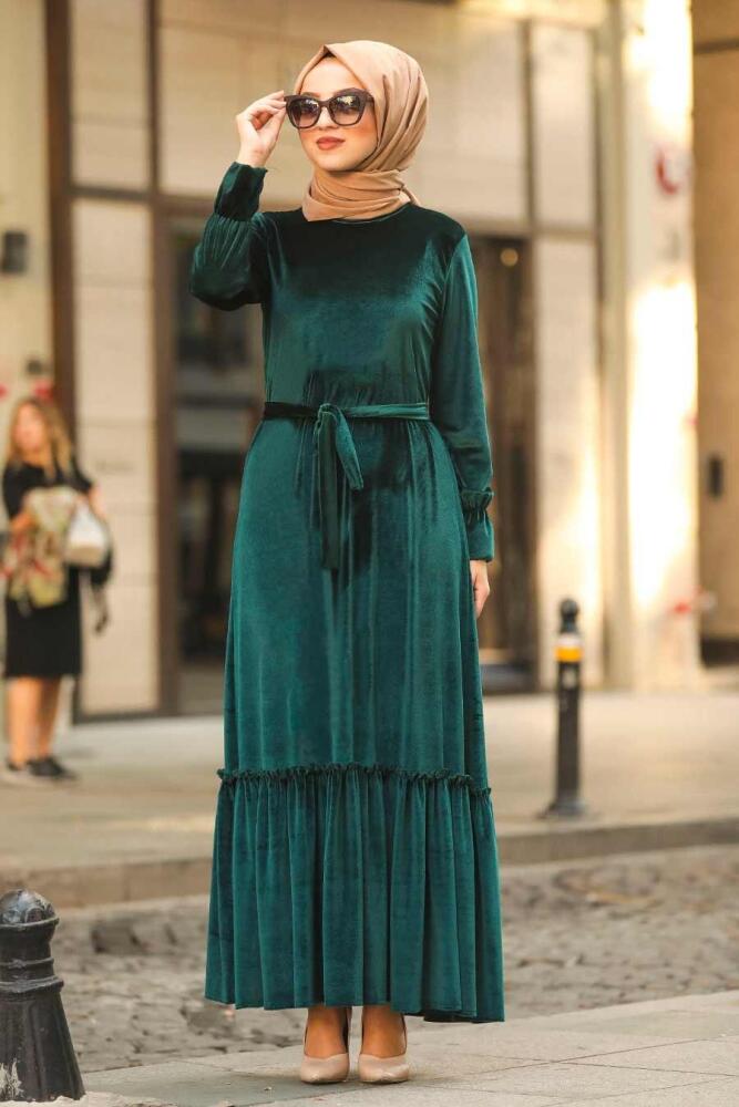 Vert - Neva Style - Robe En Velours Hijab - 50530Y - 1