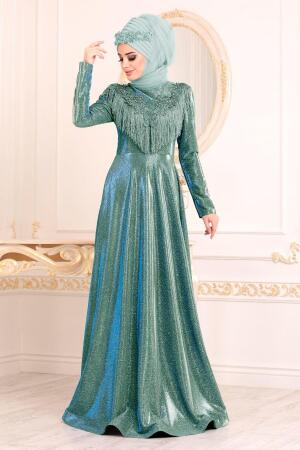 Vert- Tesettürlü Abiye Elbise - Robe de Soirée Hijab 20670Y - 1