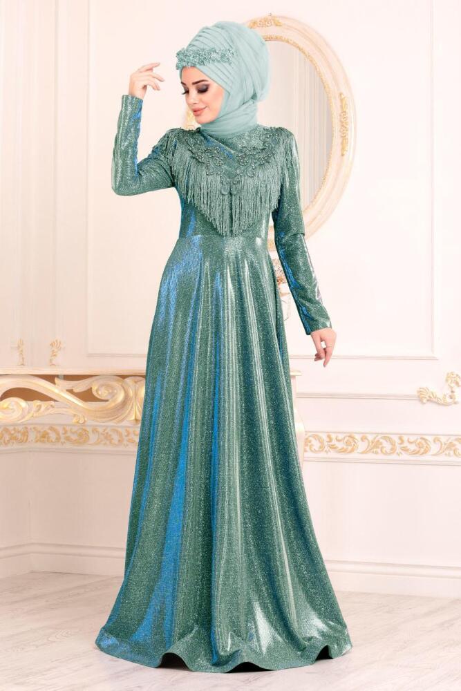 Vert- Tesettürlü Abiye Elbise - Robe de Soirée Hijab 20670Y - 1