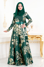 Vert - Tesettürlü Abiye Elbise - Robe de Soirée Hijab 2449Y - Thumbnail