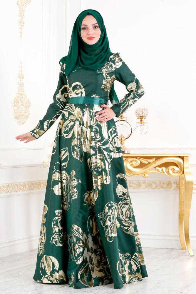 Vert - Tesettürlü Abiye Elbise - Robe de Soirée Hijab 2449Y - 1