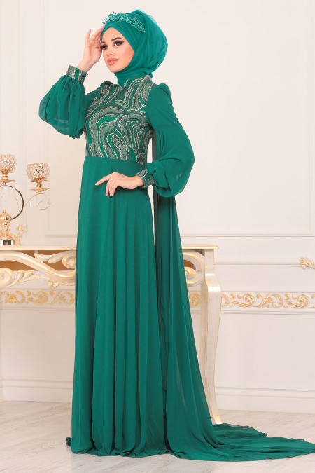 Vert-Tesettürlü Abiye Elbise - Robe de Soirée Hijab 3726Y