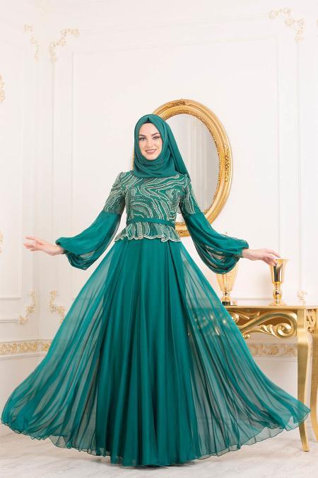 Vert-Tesettürlü Abiye Elbise - Robe de Soirée Hijab 3731Y - 2