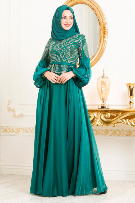 Vert-Tesettürlü Abiye Elbise - Robe de Soirée Hijab 3731Y