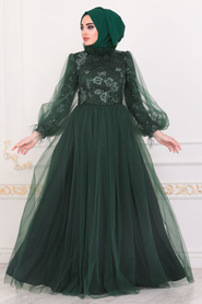 Vert - Tesettürlü Abiye Elbise - Robe de Soirée Hijab - 4090Y - Thumbnail