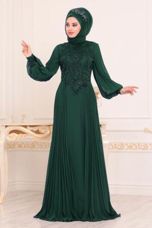 Vert - Tesettürlü Abiye Elbise - Robe de Soirée Hijab - 46220Y - 1