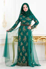 Vert - Tesettürlü Abiye Elbise -Robe de Soirée Hijab 6370Y - Thumbnail