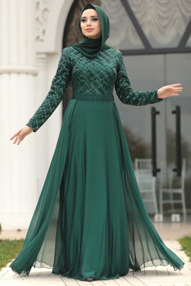 Vert -Tesettürlü Abiye Elbise -Robe de Soirée Hijab 8127Y - 1