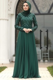 Vert -Tesettürlü Abiye Elbise -Robe de Soirée Hijab 8127Y - Thumbnail