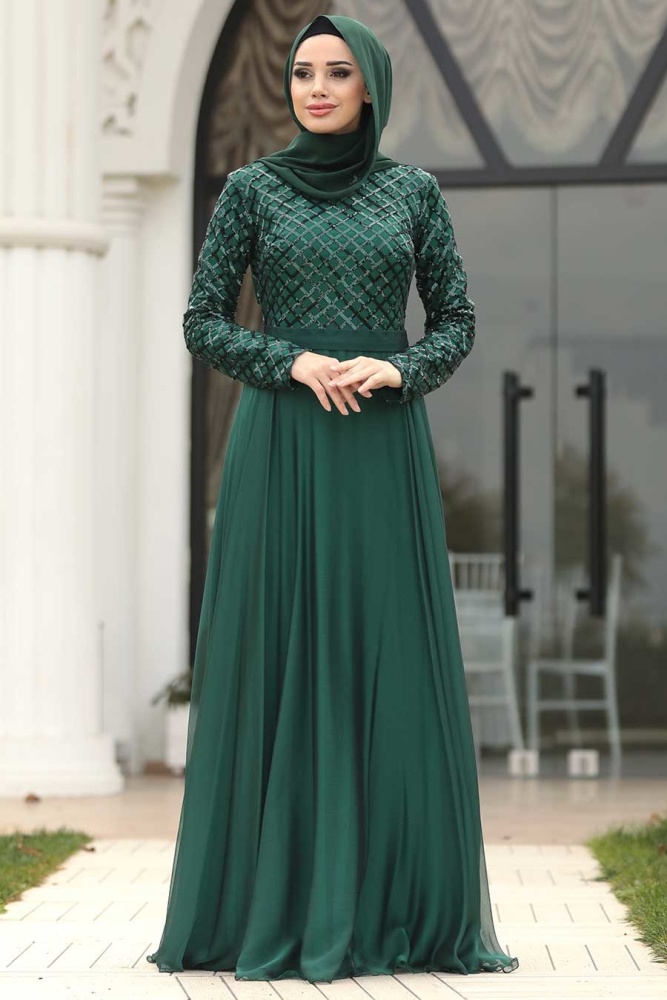Vert -Tesettürlü Abiye Elbise -Robe de Soirée Hijab 8127Y - 2