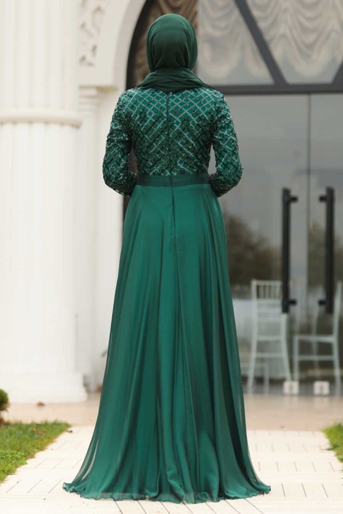 Vert -Tesettürlü Abiye Elbise -Robe de Soirée Hijab 8127Y - 3