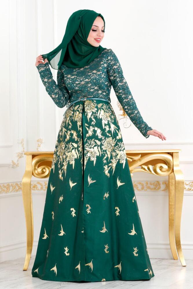 Vert - Tesettürlü Abiye Elbise - Robe de Soirée Hijab 82443Y - 1