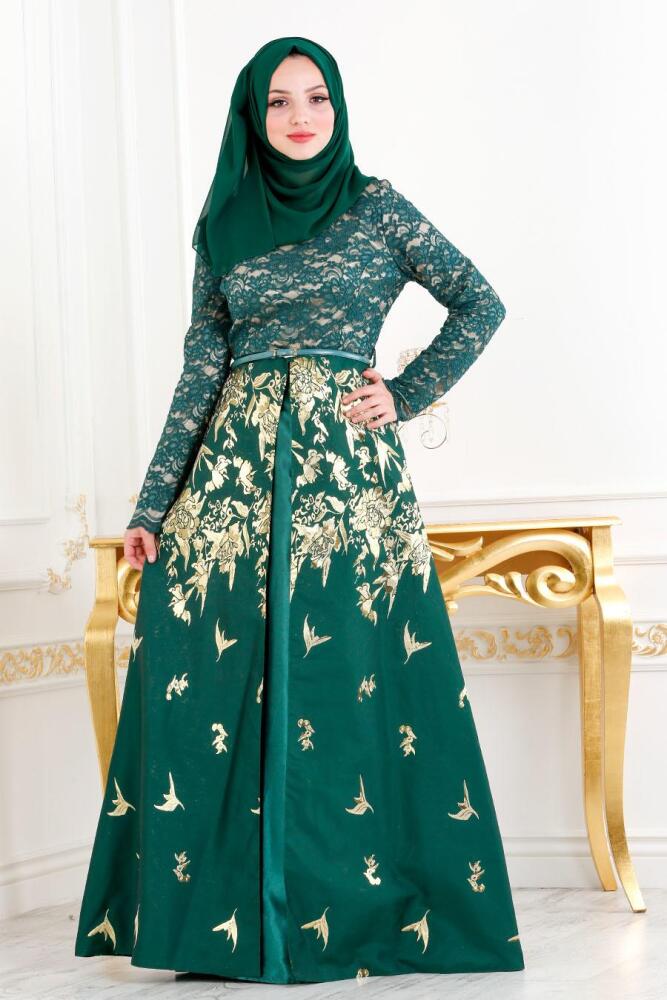Vert - Tesettürlü Abiye Elbise - Robe de Soirée Hijab 82443Y - 2