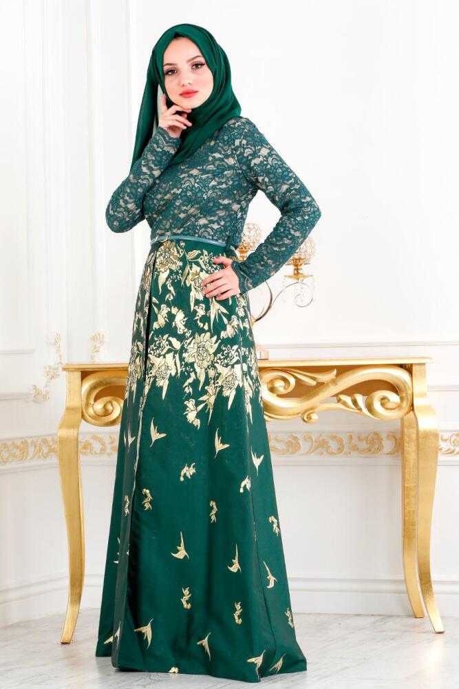 Vert - Tesettürlü Abiye Elbise - Robe de Soirée Hijab 82443Y - 3