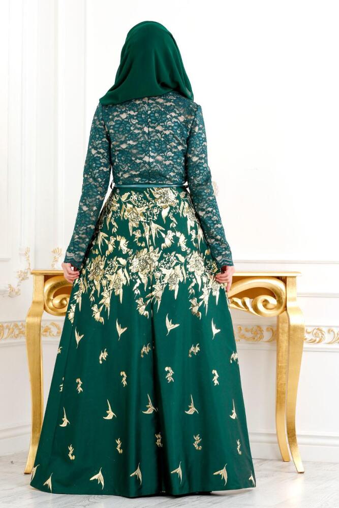 Vert - Tesettürlü Abiye Elbise - Robe de Soirée Hijab 82443Y - 4