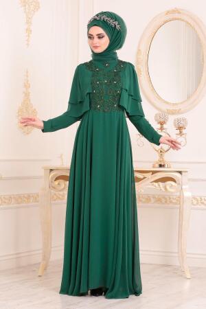 Vert-Tesettürlü Abiye Elbise -Robe de Soirée Hijab 8448Y - 2