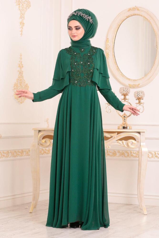 Vert-Tesettürlü Abiye Elbise -Robe de Soirée Hijab 8448Y - 2