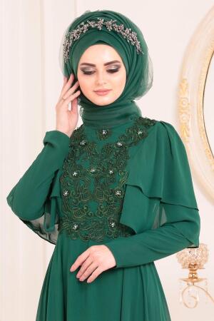 Vert-Tesettürlü Abiye Elbise -Robe de Soirée Hijab 8448Y - 3