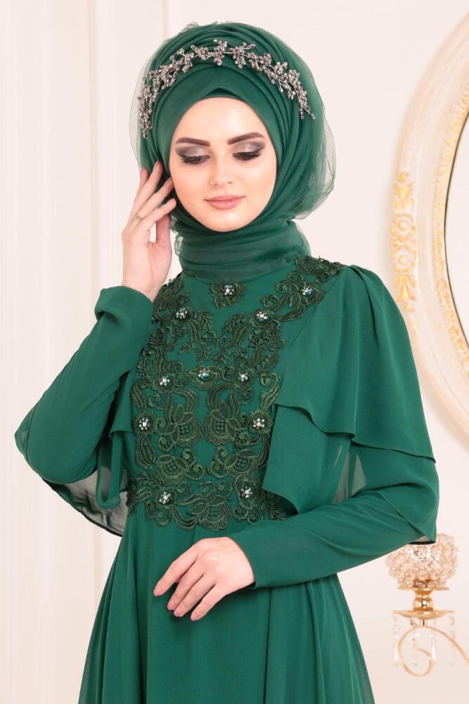 Vert-Tesettürlü Abiye Elbise -Robe de Soirée Hijab 8448Y - 3