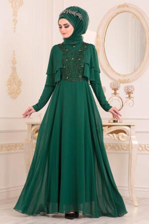 Vert-Tesettürlü Abiye Elbise -Robe de Soirée Hijab 8448Y - 1